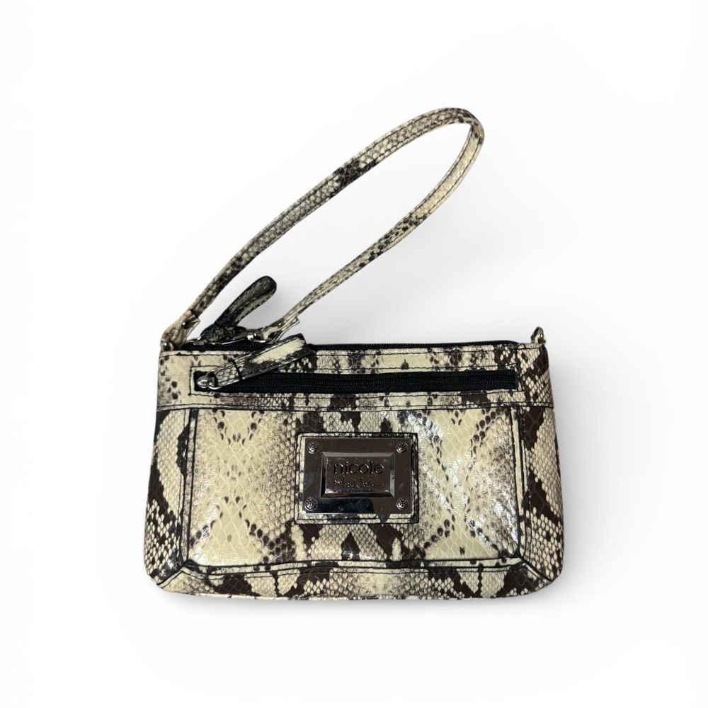 Nicole by Nicole Miller Snakeskin Print Wristlet Clutch Purse Cream Faux Leather - Picture 1 of 5
